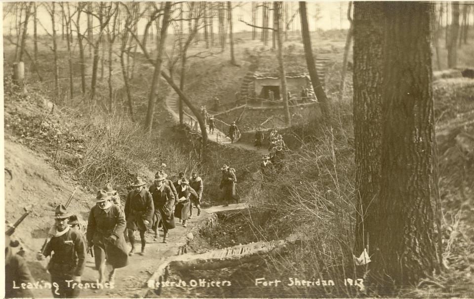 WW 1 soldiers hiking in the ravine at Ft. Sheridan